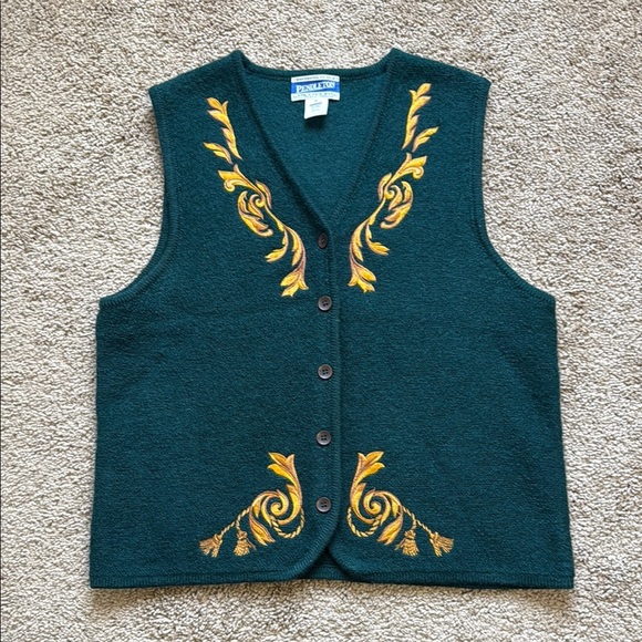 Vintage Pendleton Wool Green Gold Detail Embroidered Button Up Vest - Picture 1 of 6